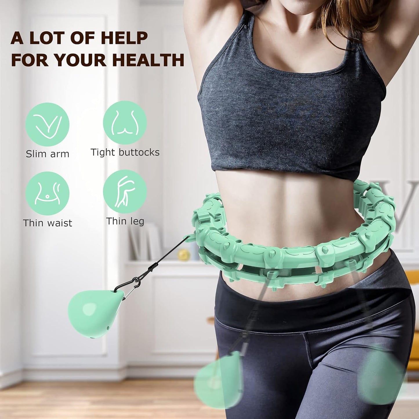 Smart Weighted Hoola Hoops, Fitness Hoop Weight Loss Hoola Hoops, Detachable Knots Adjustable Weight Auto-Spinning Ball Weight Loss (Mint Green, 24 Knots)