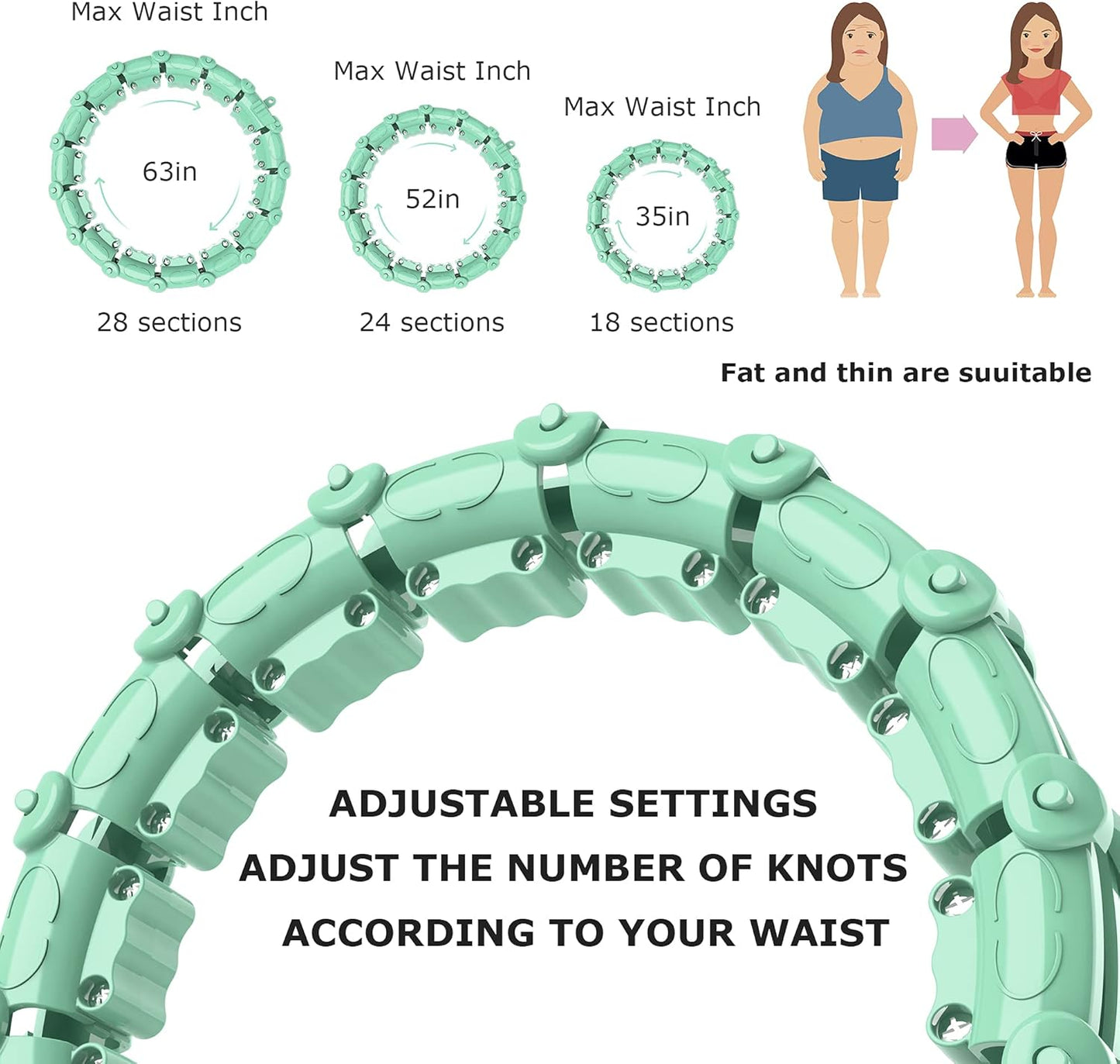 Smart Weighted Hoola Hoops, Fitness Hoop Weight Loss Hoola Hoops, Detachable Knots Adjustable Weight Auto-Spinning Ball Weight Loss (Mint Green, 24 Knots)
