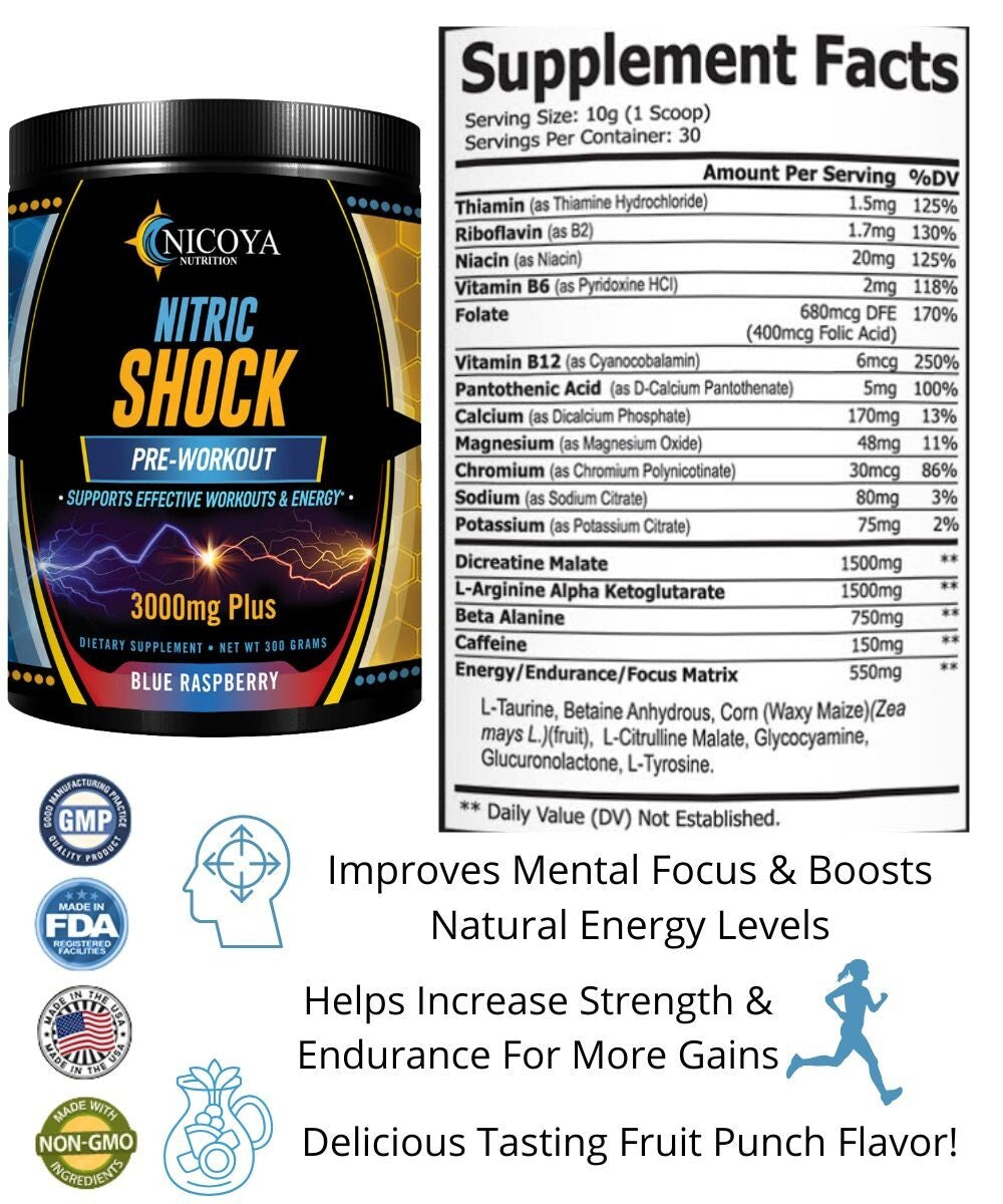 Pre-Workout 3000Mg+ Nitric Oxide Booster, Enhance Energy & Pump - Blue Raspberry