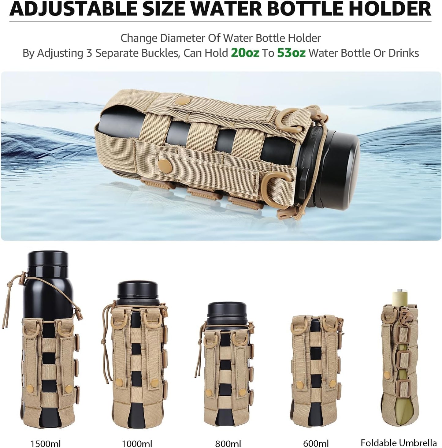 Molle Water Bottle Holder for Backpack,Drawstring Adjustable Straps Molle Pouches for 20 32 36 48 Oz Water Bottle