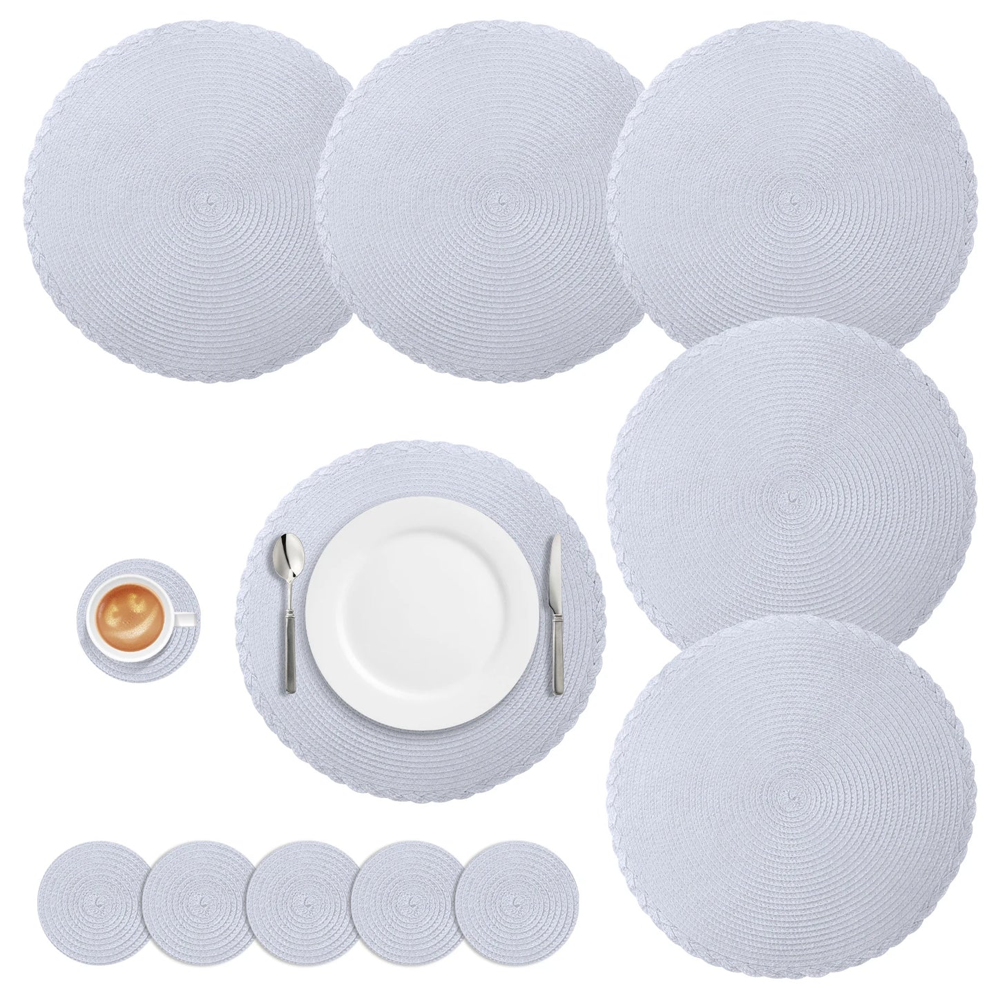 Set of 12 round Braided Table Mat Washable Placemats Non Slip Heat Resistant for Kitchen Dining Tables Pad with Cup Coasters