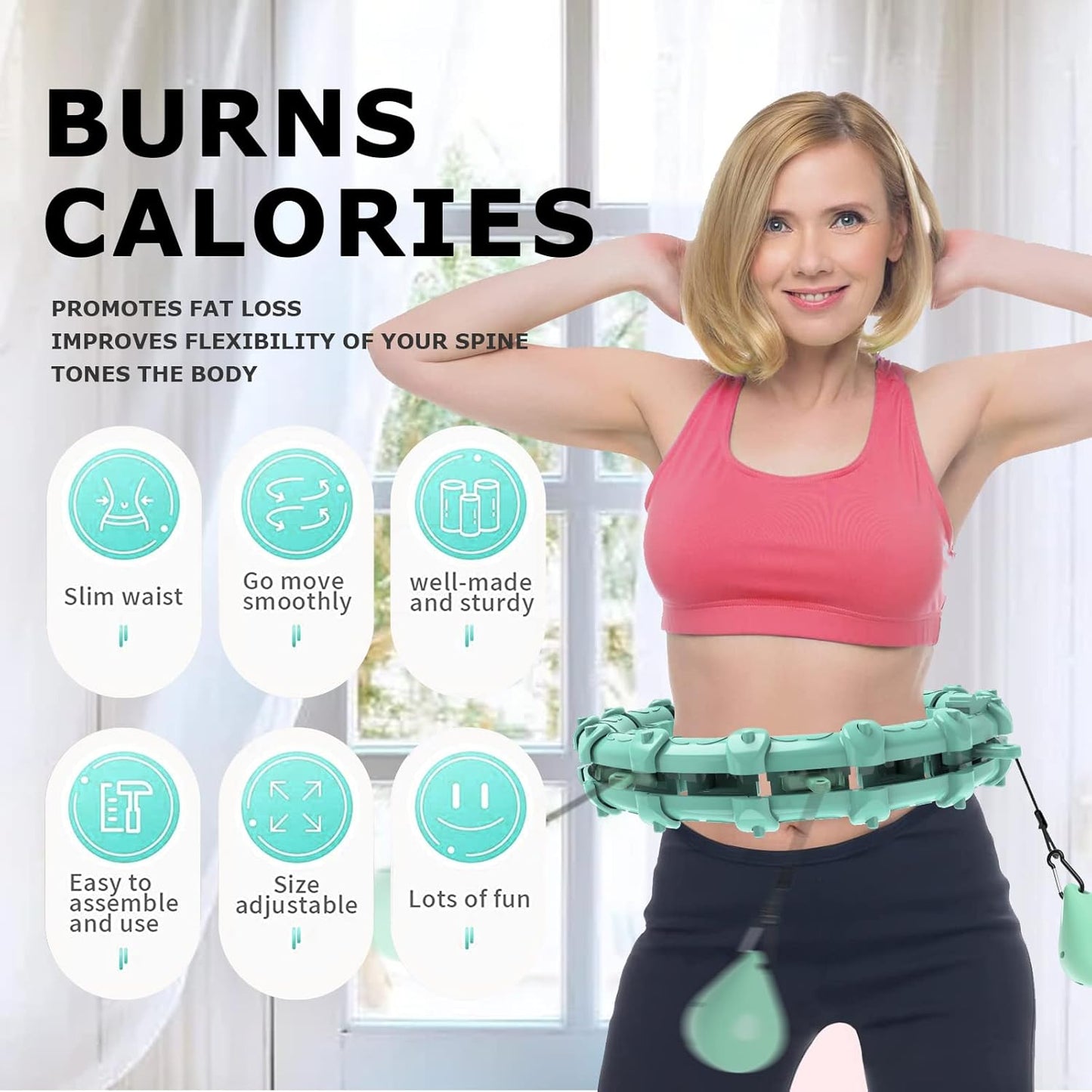 Smart Weighted Hoola Hoops, Fitness Hoop Weight Loss Hoola Hoops, Detachable Knots Adjustable Weight Auto-Spinning Ball Weight Loss (Mint Green, 24 Knots)