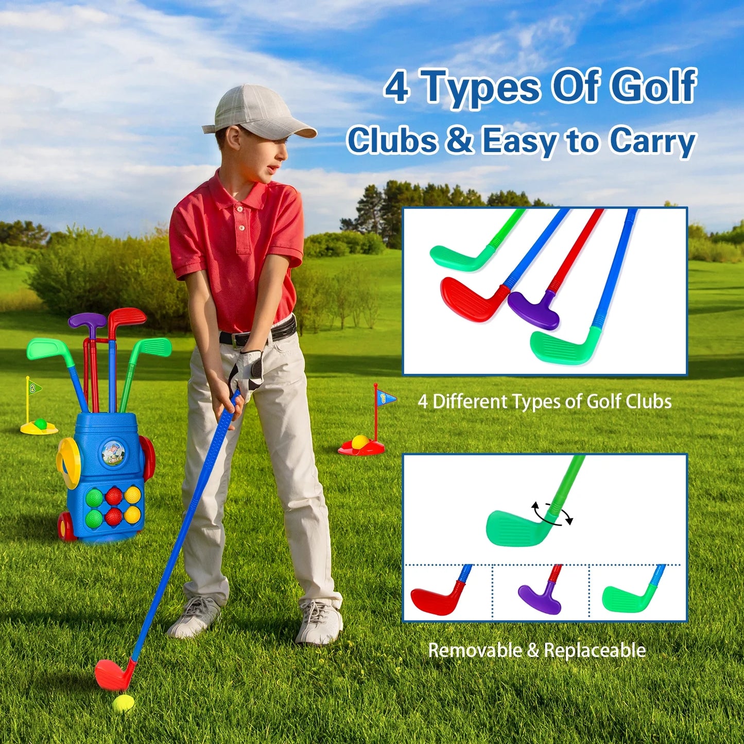Kids Golf Toy Set, Toddler Golf Club Game Play Set with 4 Golf Sticks, 6 Balls, 2 Practice Holes, Indoor Outdoor Exercise Golf Sports Kit for Boys Girls, Age 3+