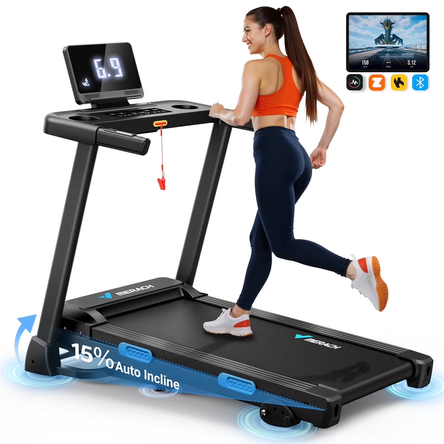 Folding Treadmill with 15% Auto Incline, Fitness Treadmill for Home with APP, 300 Lbs Capacity