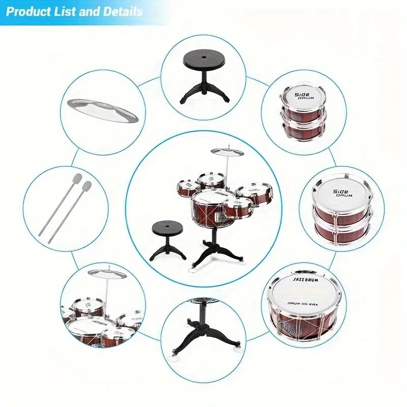 Kids Drum Set Musical Toy Drum Kit for Toddlers Jazz Drum Set with Stool, 2 Drum Sticks, Cymbal and 5 Drums Musical Instruments
