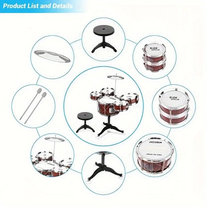 Kids Drum Set Musical Toy Drum Kit for Toddlers Jazz Drum Set with Stool, 2 Drum Sticks, Cymbal and 5 Drums Musical Instruments