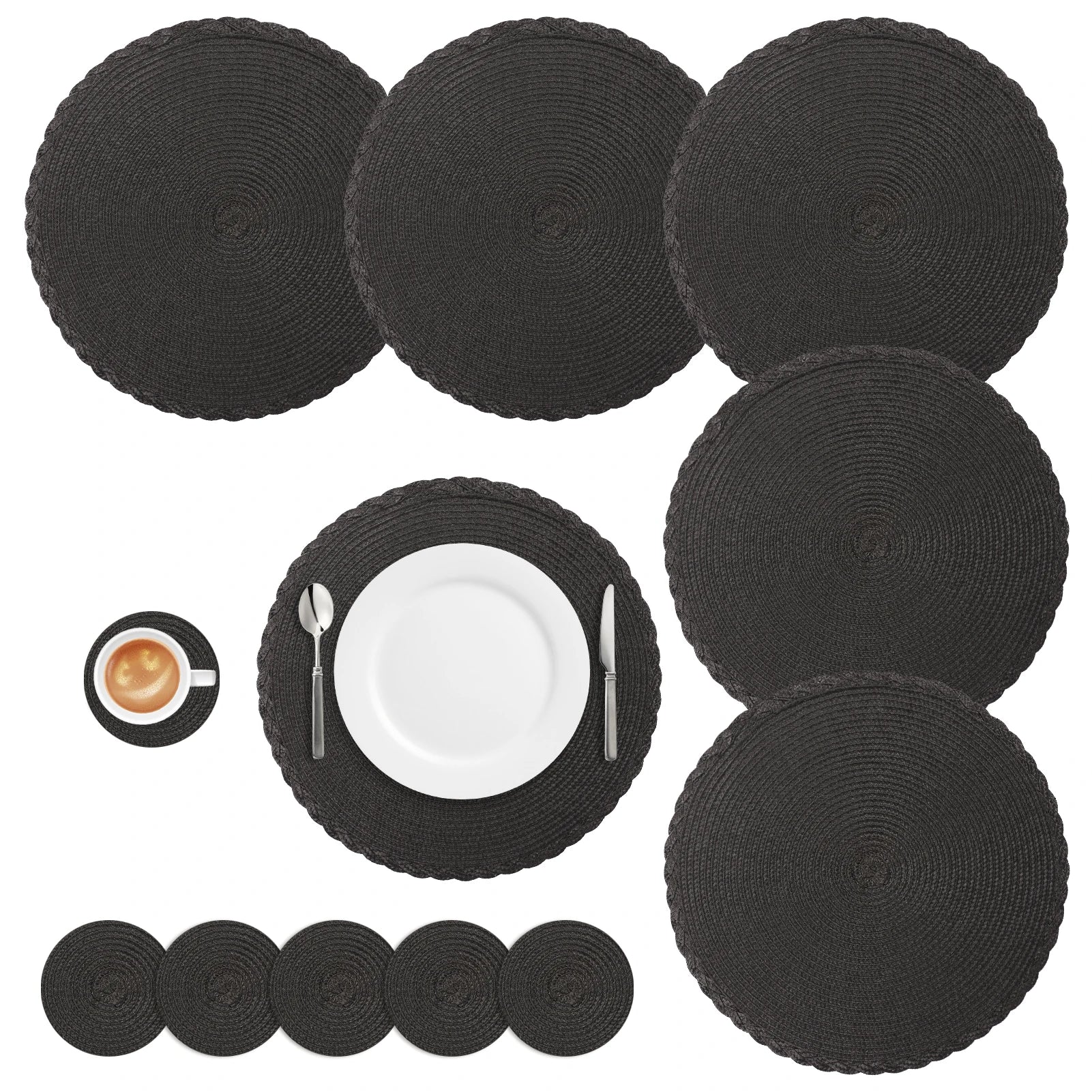 Set of 12 round Braided Table Mat Washable Placemats Non Slip Heat Resistant for Kitchen Dining Tables Pad with Cup Coasters
