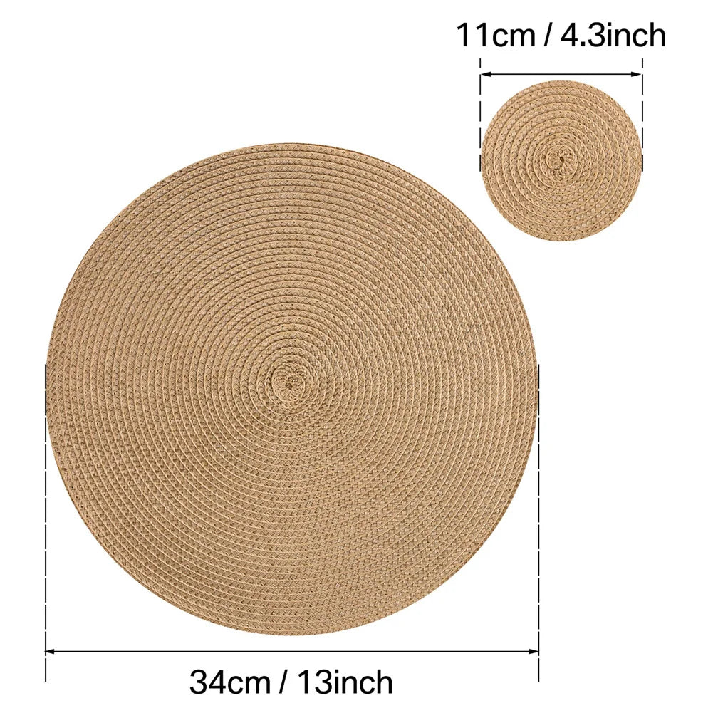 Set of 12 round Braided Table Mat Washable Placemats Non Slip Heat Resistant for Kitchen Dining Tables Pad with Cup Coasters