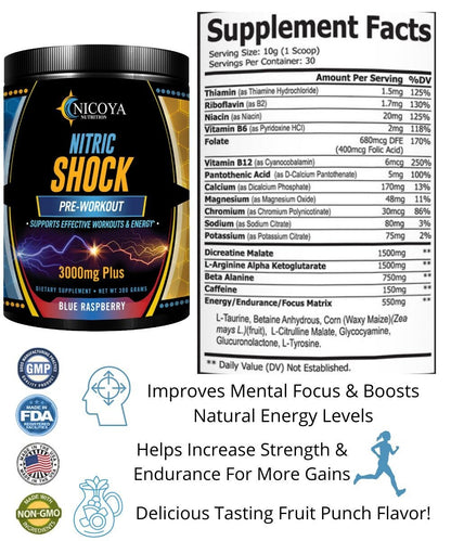 Pre-Workout 3000Mg+ Nitric Oxide Booster, Enhance Energy & Pump - Blue Raspberry