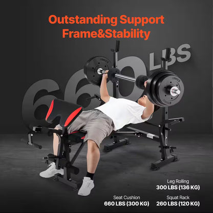 660 Lbs. Weight Bench, Multi-Functional Adjustable Weight Bench Press for Full Body Workout, Quick Folding