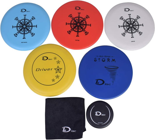 Disc Golf Set, Includes 2 Pcs Drivers, 1Pcs Mid-Range, 2Pcs Putters, 1Pcs Mini Disc Marker and 1Pcs Embroider Logo Black Towel
