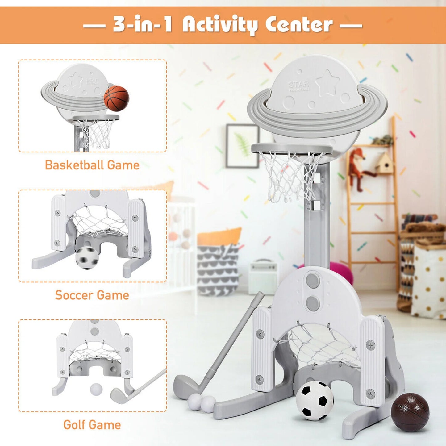 3 in 1 Kids Basketball Hoop Set Adjustable Sports Activity Center W/ Balls White