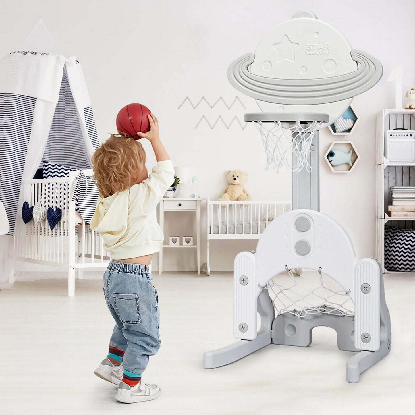3 in 1 Kids Basketball Hoop Set Adjustable Sports Activity Center W/ Balls White