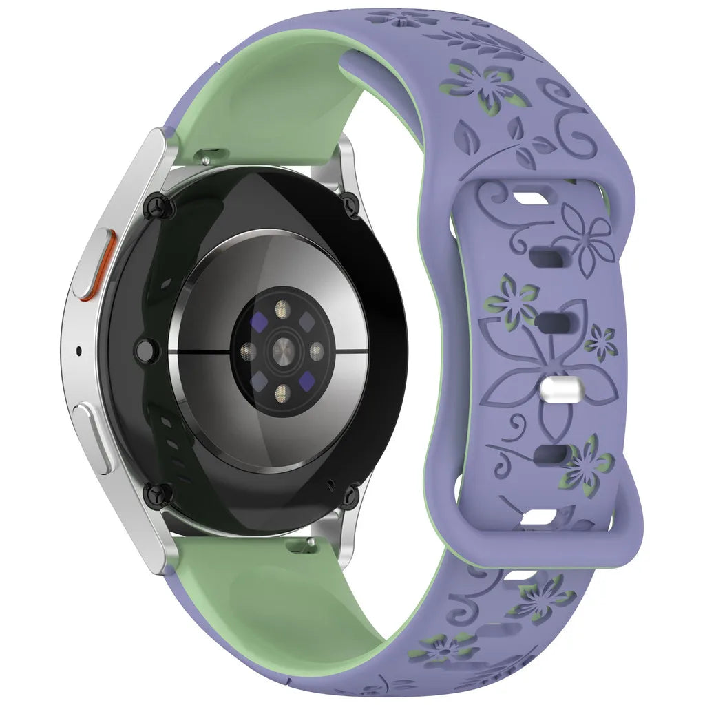 Two-Color Flower Design Floral Engraved Silicone Strap 18/20/22Mm, for Amazfit GTR, Huawei,Garmin  Watch 7 6 5 4