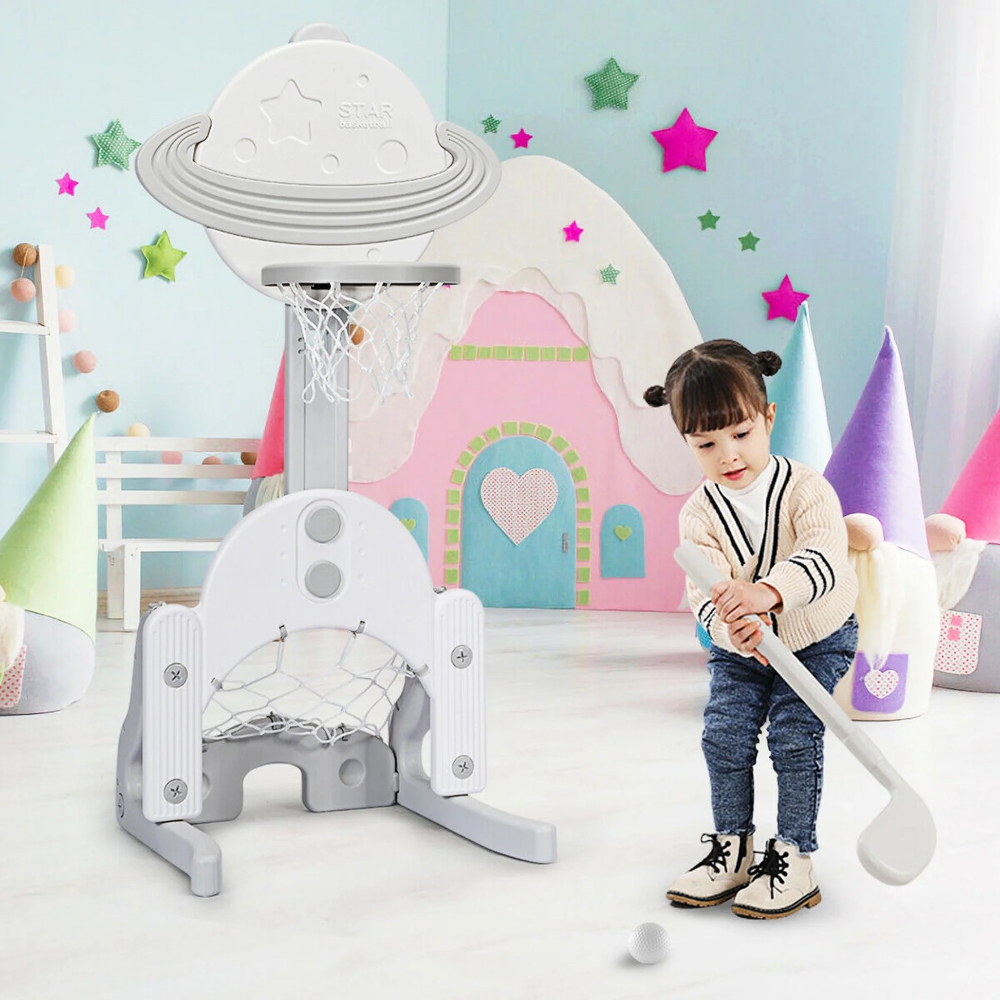 3 in 1 Kids Basketball Hoop Set Adjustable Sports Activity Center W/ Balls White