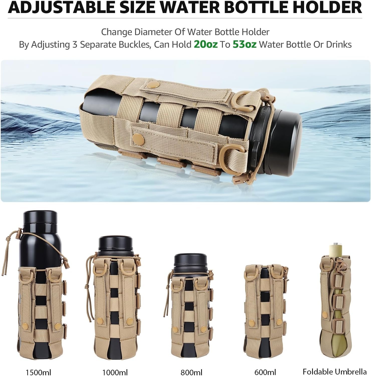 Molle Water Bottle Holder for Backpack,Drawstring Adjustable Straps Molle Pouches for 20 32 36 48 Oz Water Bottle