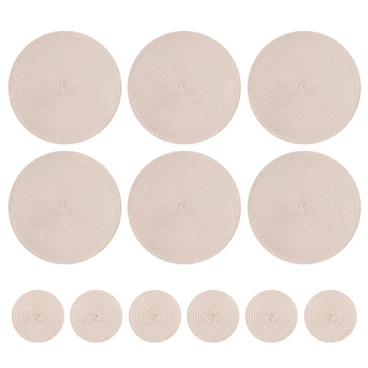 Set of 12 round Braided Table Mat Washable Placemats Non Slip Heat Resistant for Kitchen Dining Tables Pad with Cup Coasters