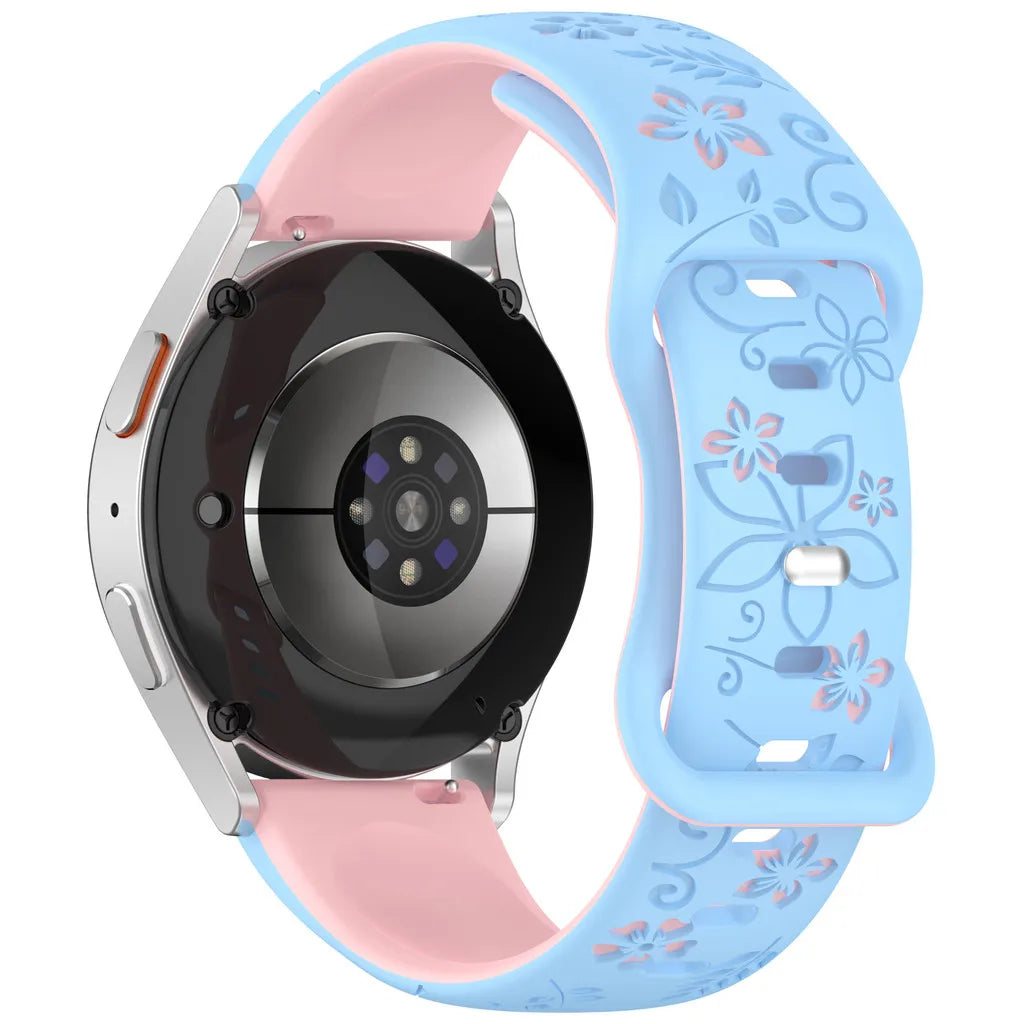 Two-Color Flower Design Floral Engraved Silicone Strap 18/20/22Mm, for Amazfit GTR, Huawei,Garmin  Watch 7 6 5 4