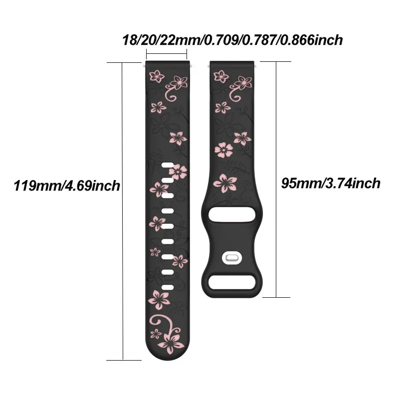 Two-Color Flower Design Floral Engraved Silicone Strap 18/20/22Mm, for Amazfit GTR, Huawei,Garmin  Watch 7 6 5 4