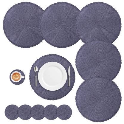 Set of 12 round Braided Table Mat Washable Placemats Non Slip Heat Resistant for Kitchen Dining Tables Pad with Cup Coasters