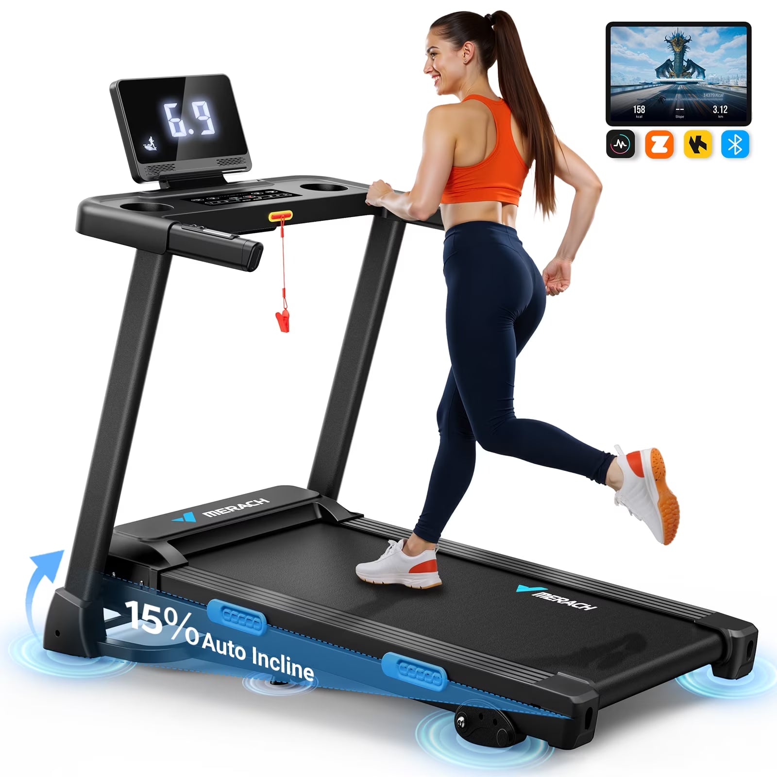 Folding Treadmill with 15% Auto Incline, Fitness Treadmill for Home with APP, 300 Lbs Capacity