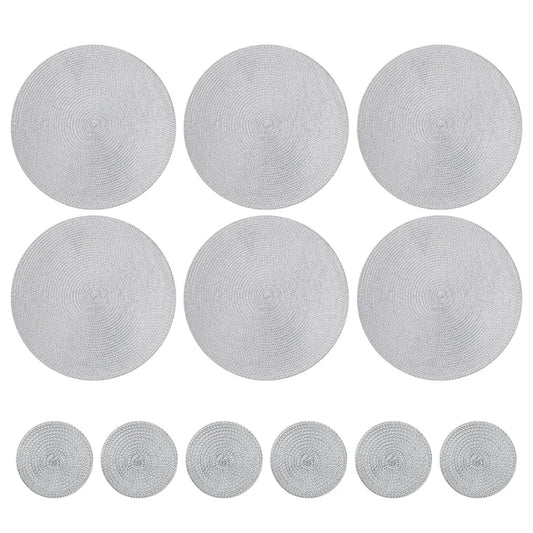 Set of 12 round Braided Table Mat Washable Placemats Non Slip Heat Resistant for Kitchen Dining Tables Pad with Cup Coasters