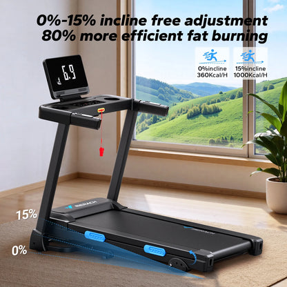 Folding Treadmill with 15% Auto Incline, Fitness Treadmill for Home with APP, 300 Lbs Capacity