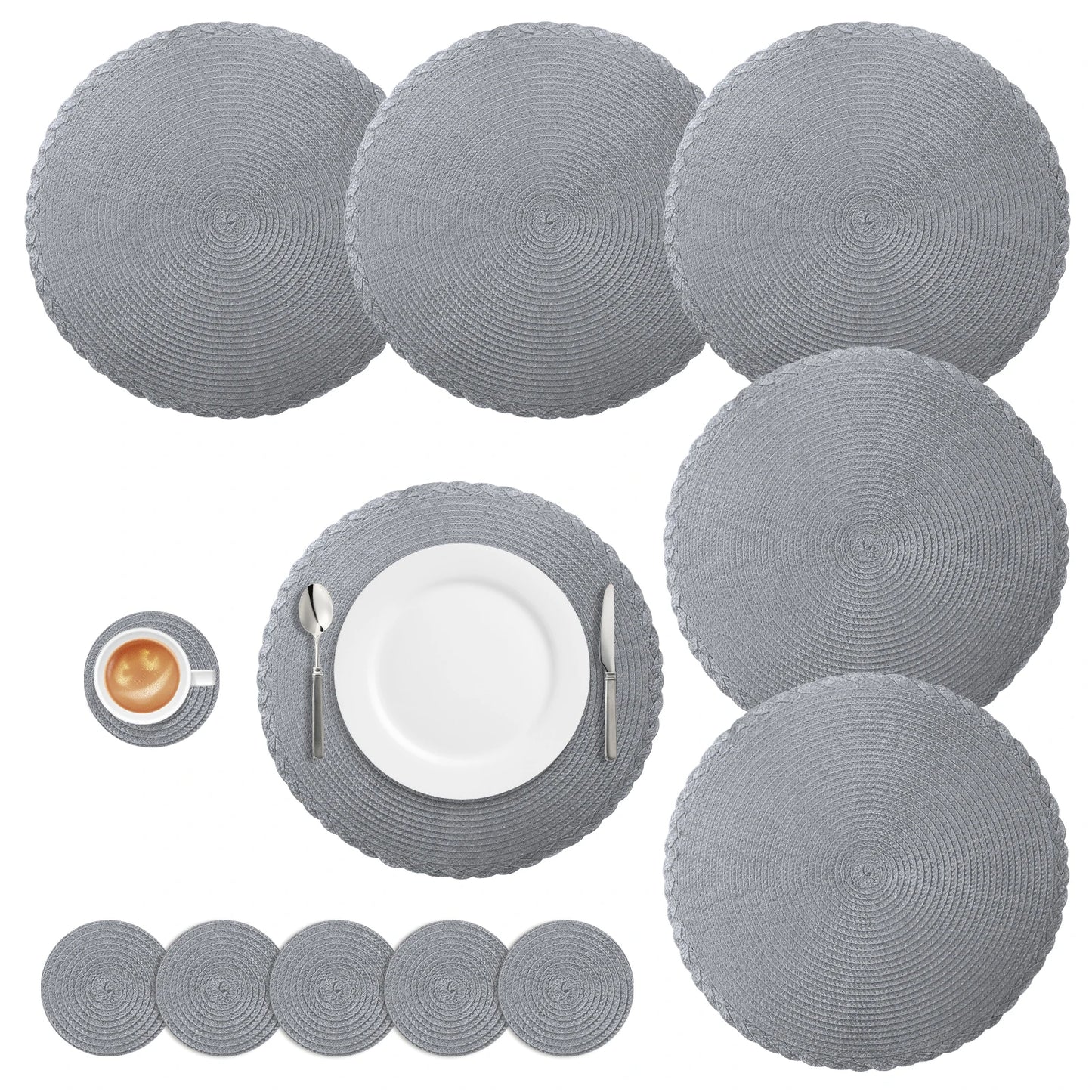 Set of 12 round Braided Table Mat Washable Placemats Non Slip Heat Resistant for Kitchen Dining Tables Pad with Cup Coasters
