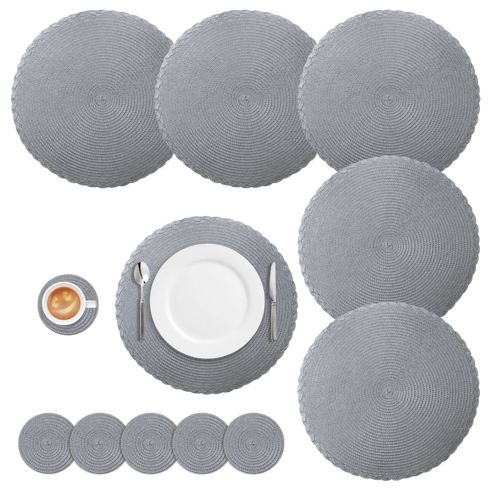Set of 12 round Braided Table Mat Washable Placemats Non Slip Heat Resistant for Kitchen Dining Tables Pad with Cup Coasters
