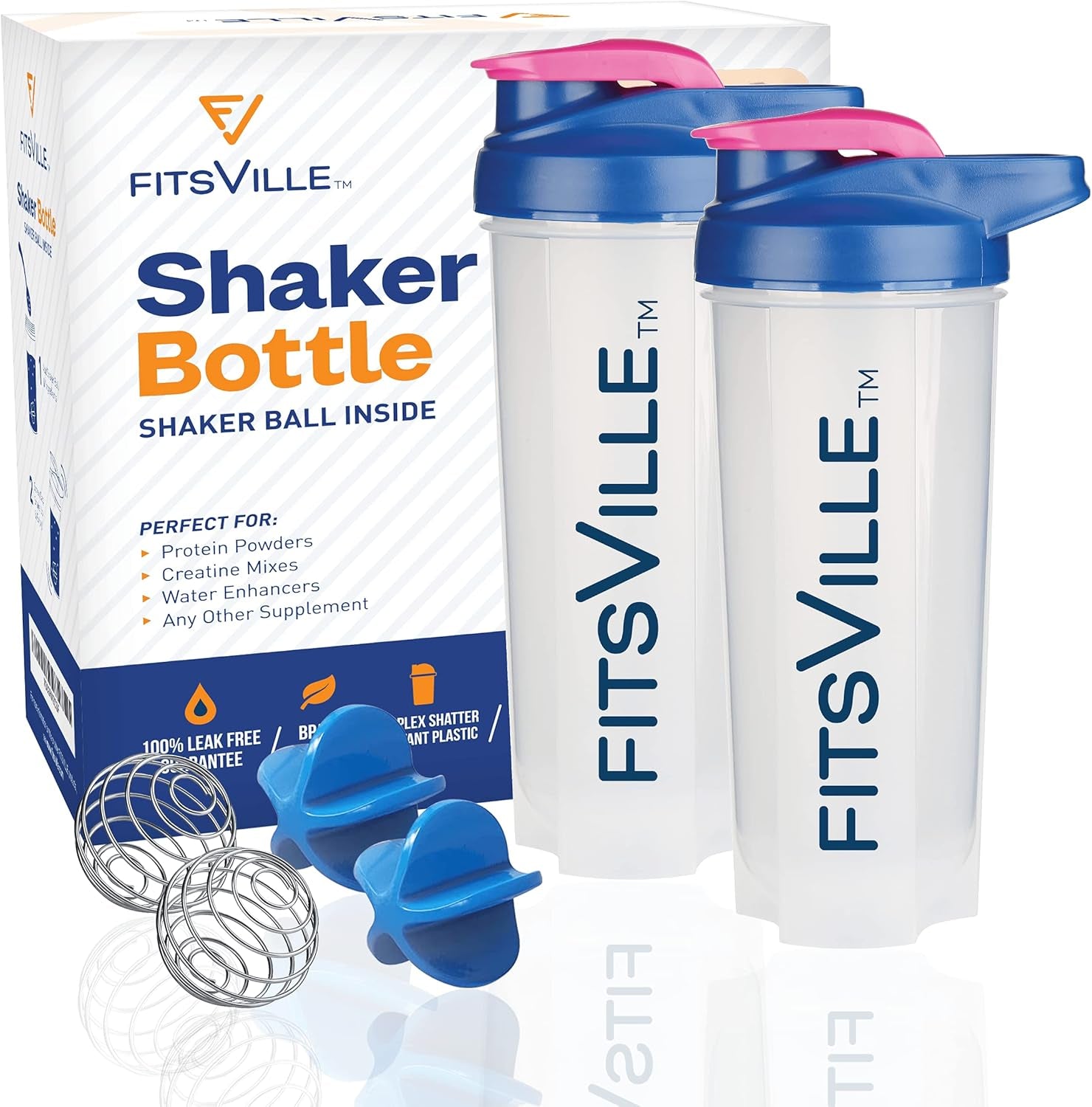 [2 Pack Sports Shaker Bottle - Protein Powder, Creatine Mix, Water Enhancer, Supplements | 100% Leak Free, BPA Free, Stain & Odor Resistant | X4 Shaker Balls – X2Pink 25Oz (700Ml)