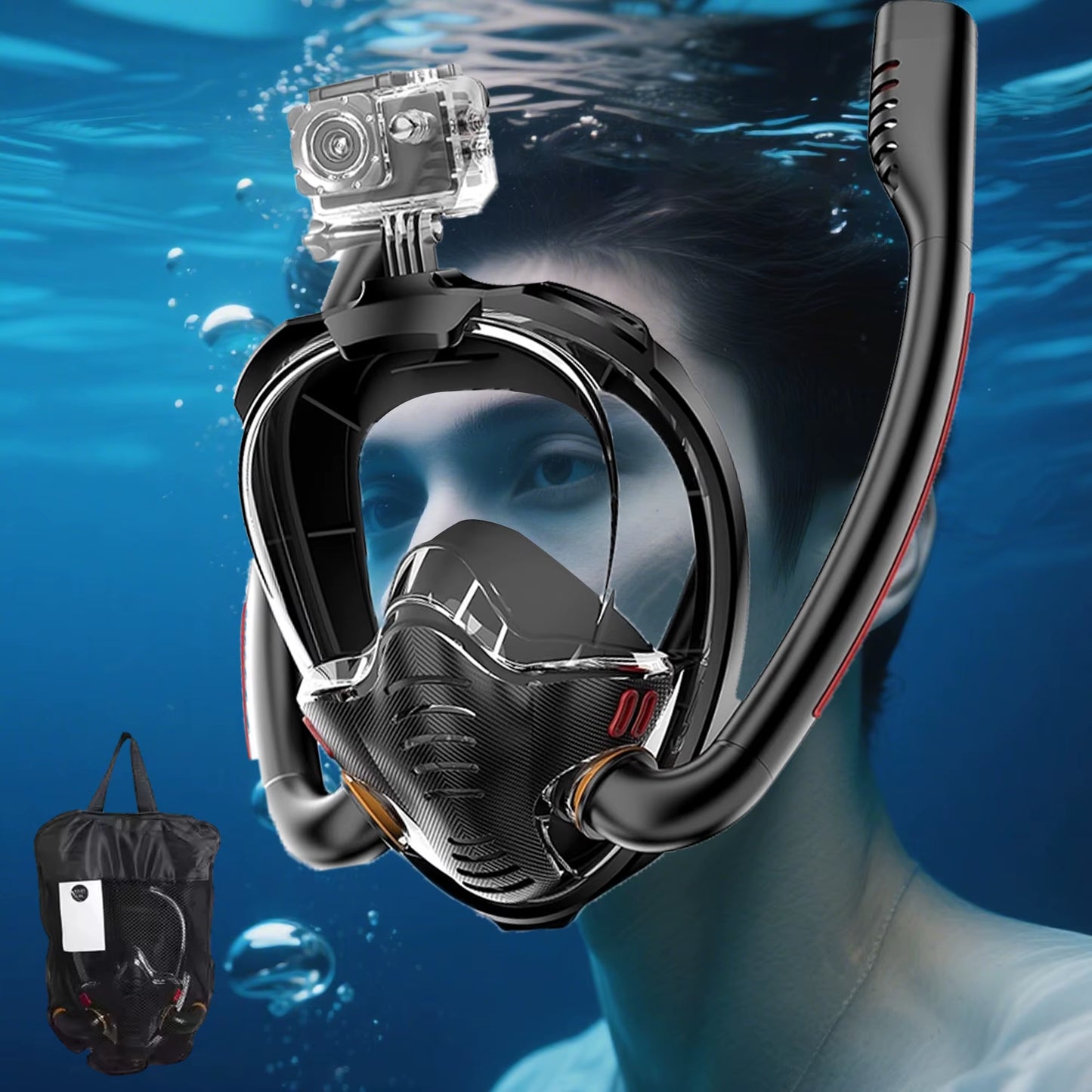 Adults Full Face Black Snorkel Mask Double Tubes Breathing Mode 180° Panoramic Anti-Fog Diving Mask Leak-Proof Silicone for Swim
