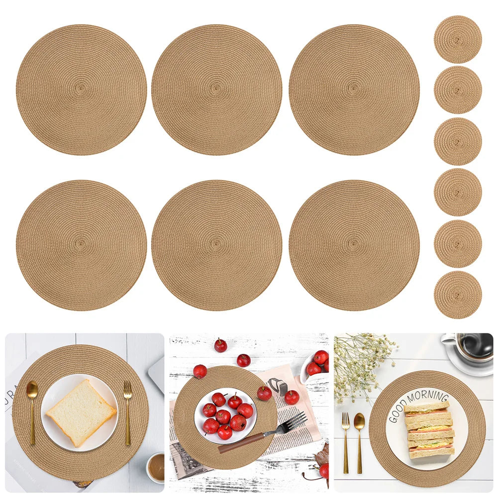 Set of 12 round Braided Table Mat Washable Placemats Non Slip Heat Resistant for Kitchen Dining Tables Pad with Cup Coasters