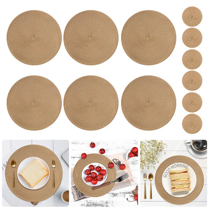 Set of 12 round Braided Table Mat Washable Placemats Non Slip Heat Resistant for Kitchen Dining Tables Pad with Cup Coasters